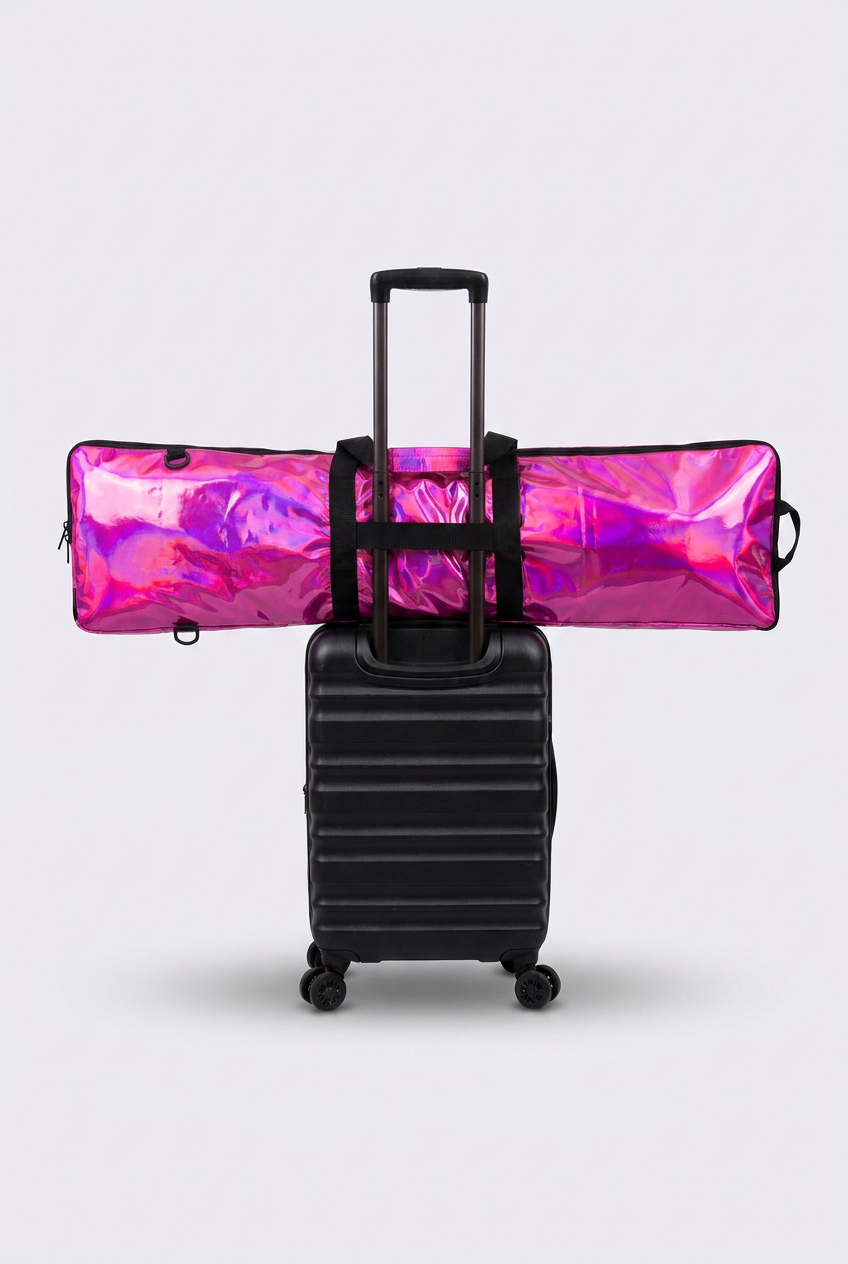 Black suitcase with a holographic pink freediving fin bag attached on a white background
