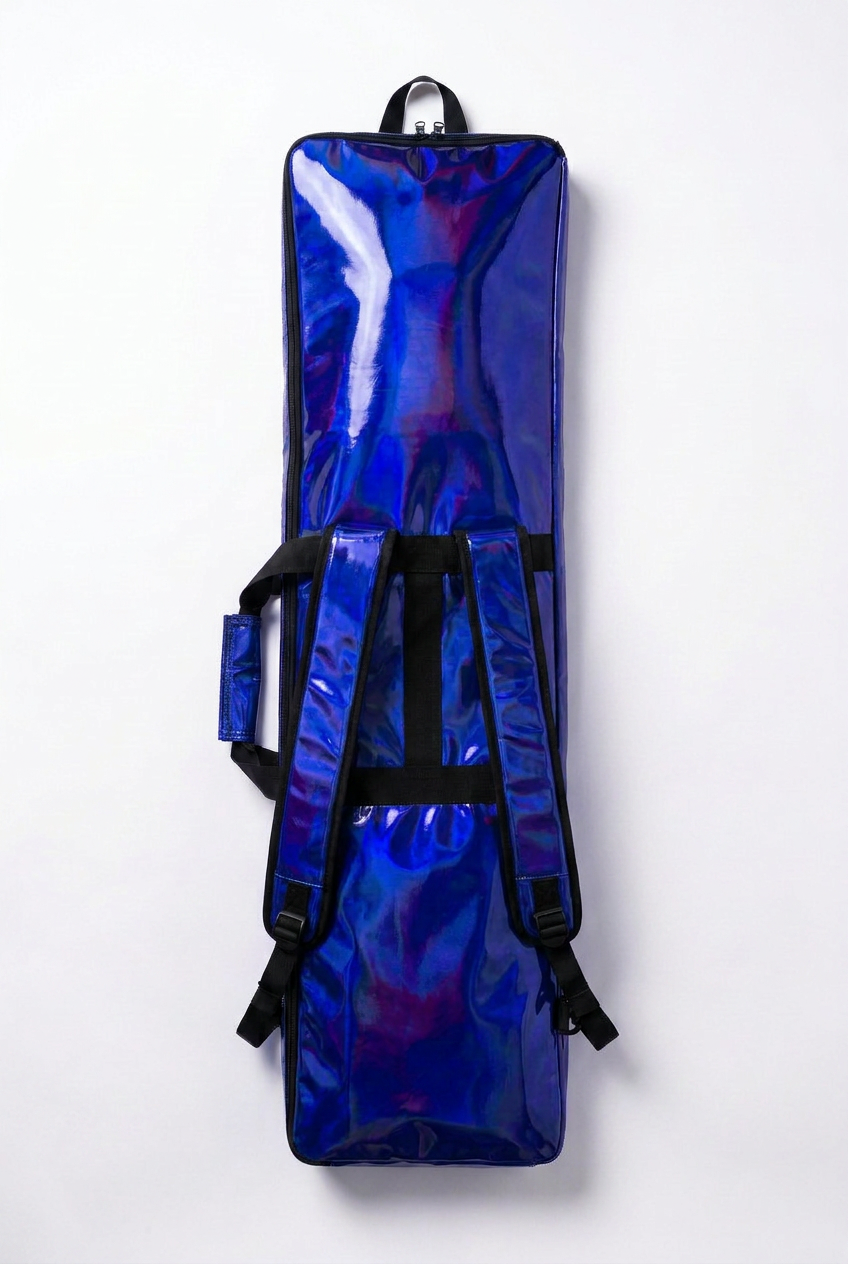 iridescent blue freediving fin bag on  white background