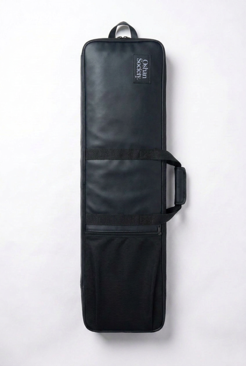 Black freediving fin bag with a visible brand logo on a white background
